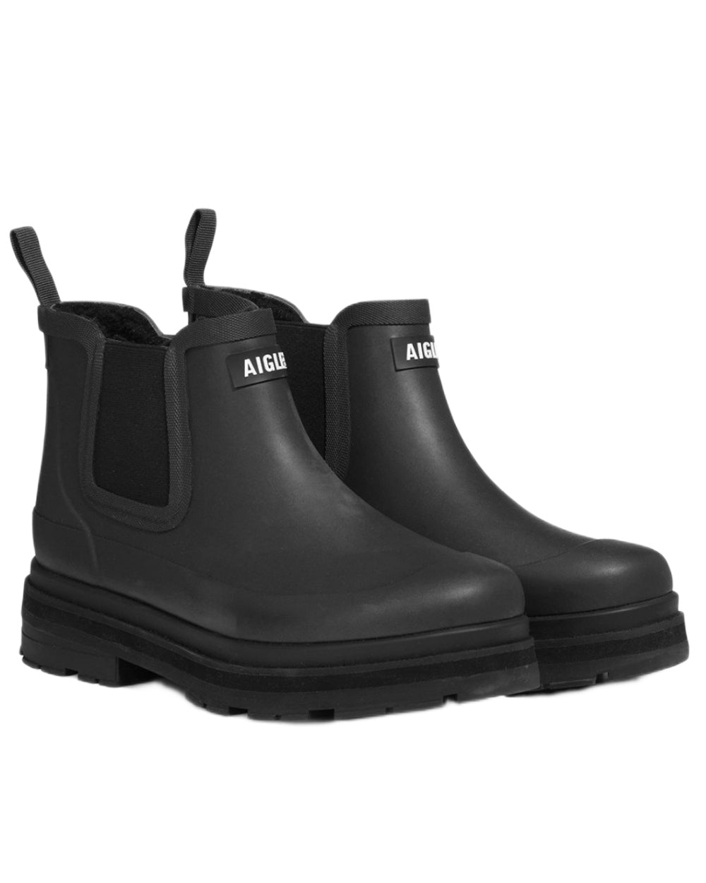 Noir coloured Aigle Womens Soft Fur Hybrid Ankle Rain Boots on white background 