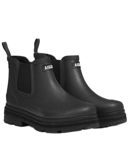 Noir coloured Aigle Womens Soft Fur Hybrid Ankle Rain Boots on white background 