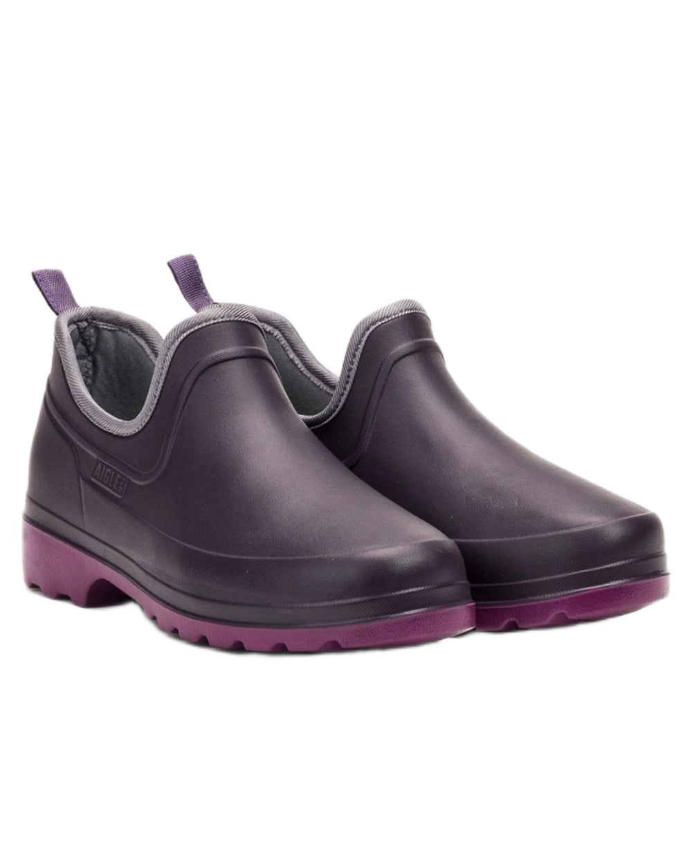 Aubergine Dahlia coloured Aigle Womens Taden Plus 2 Ultra Light Closed Clogs on white background 