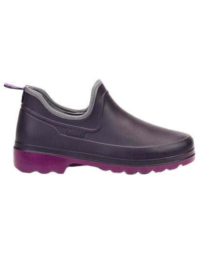 Aubergine Dahlia coloured Aigle Womens Taden Plus 2 Ultra Light Closed Clogs on white background 