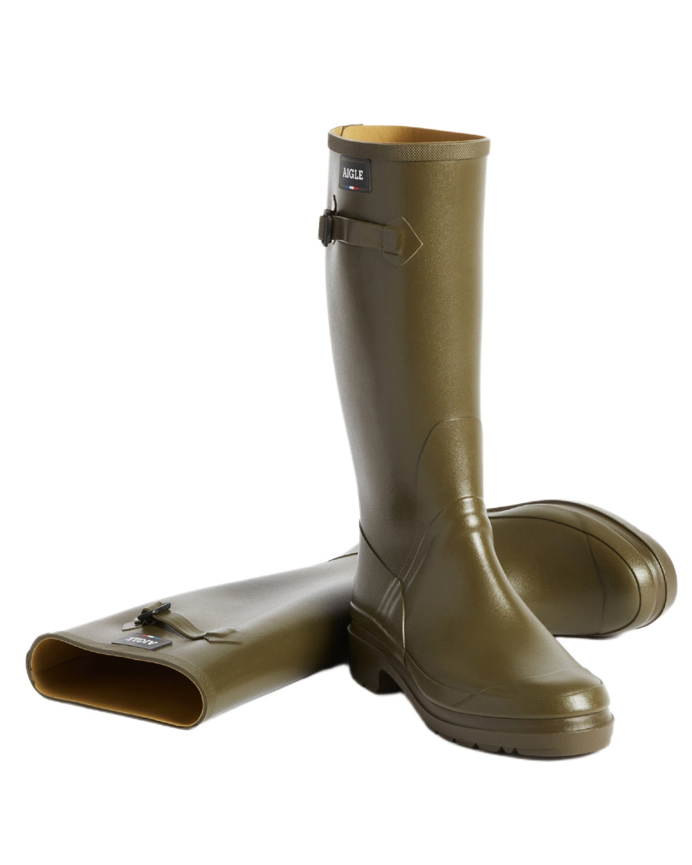 Khaki coloured Aigle Mens Cessac Gardening Wellingtons on white background 