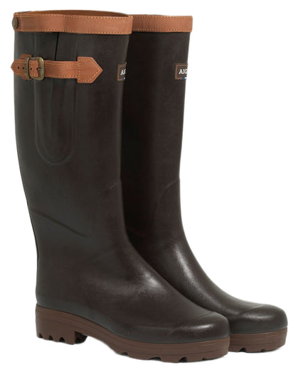 Brown coloured Aigle Mens Chambord Adjustable Leather Lined Wellingtons on white background 