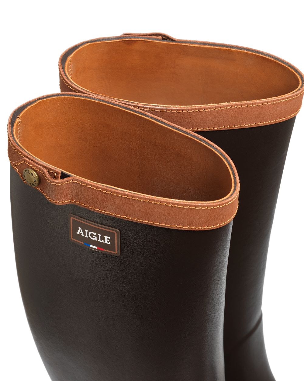Brun coloured Aigle Mens Chambord Leather Lined Work Wellingtons on white background 