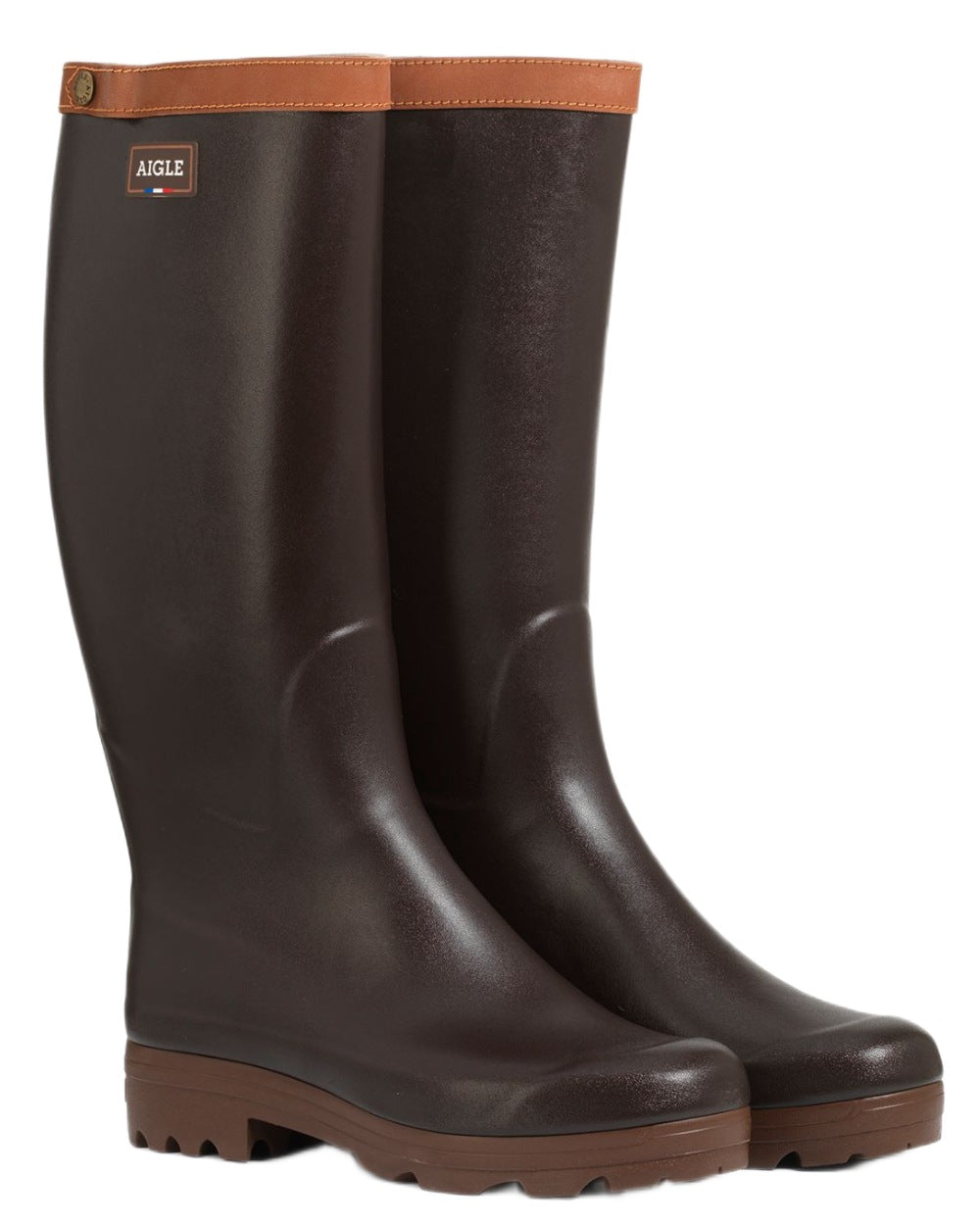 Brun coloured Aigle Mens Chambord Leather Lined Work Wellingtons on white background 