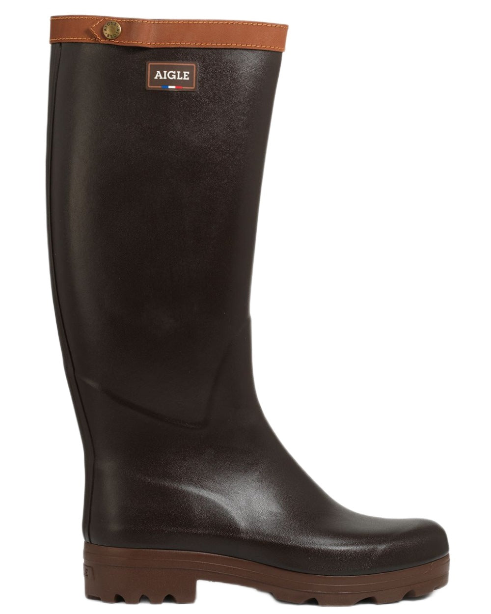 Brun coloured Aigle Mens Chambord Leather Lined Work Wellingtons on white background 