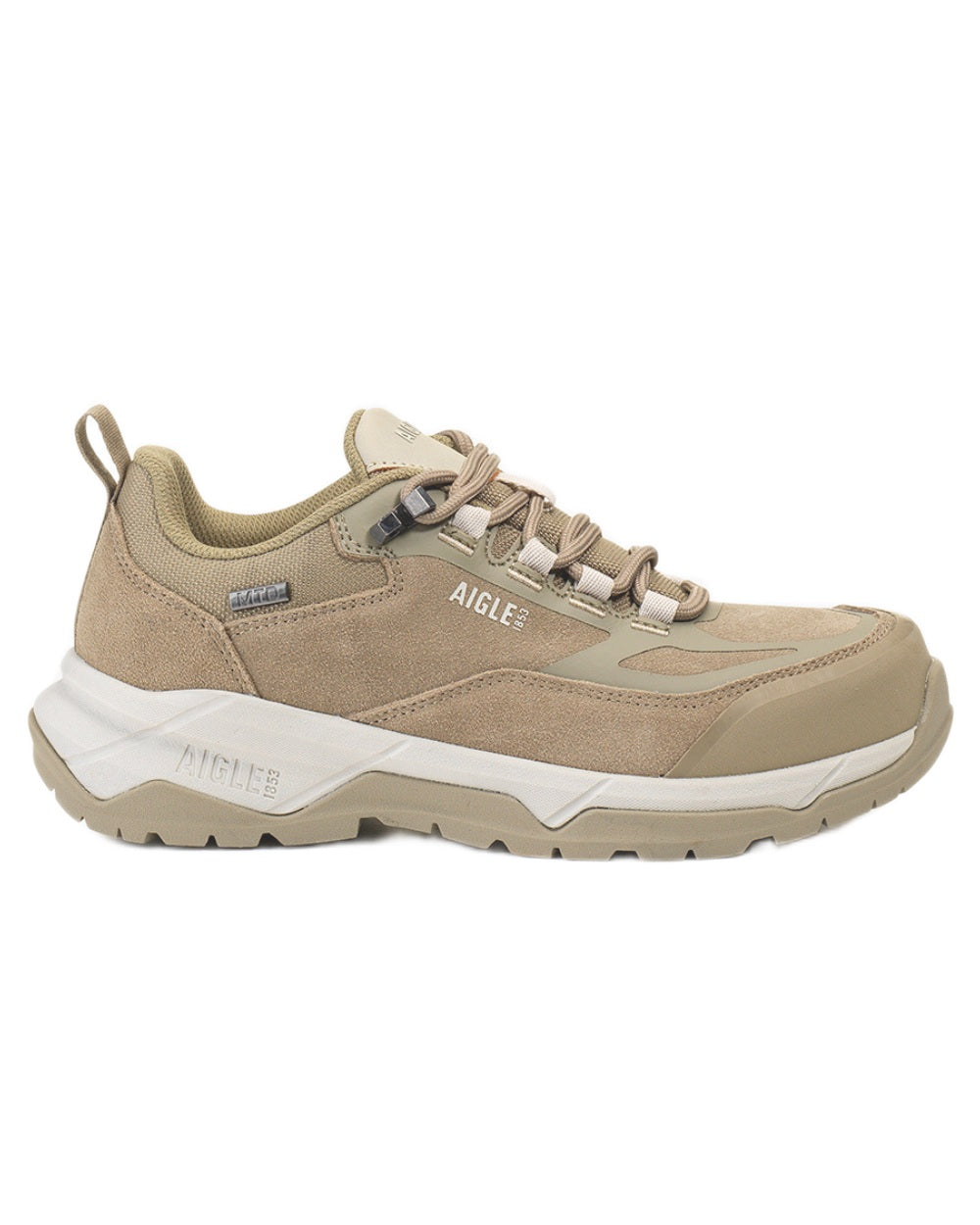 Taupe coloured Aigle Mens Palka Low MTD Ultra Light Hiking Shoes on white background 