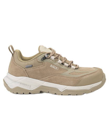 Taupe coloured Aigle Mens Palka Low MTD Ultra Light Hiking Shoes on white background 