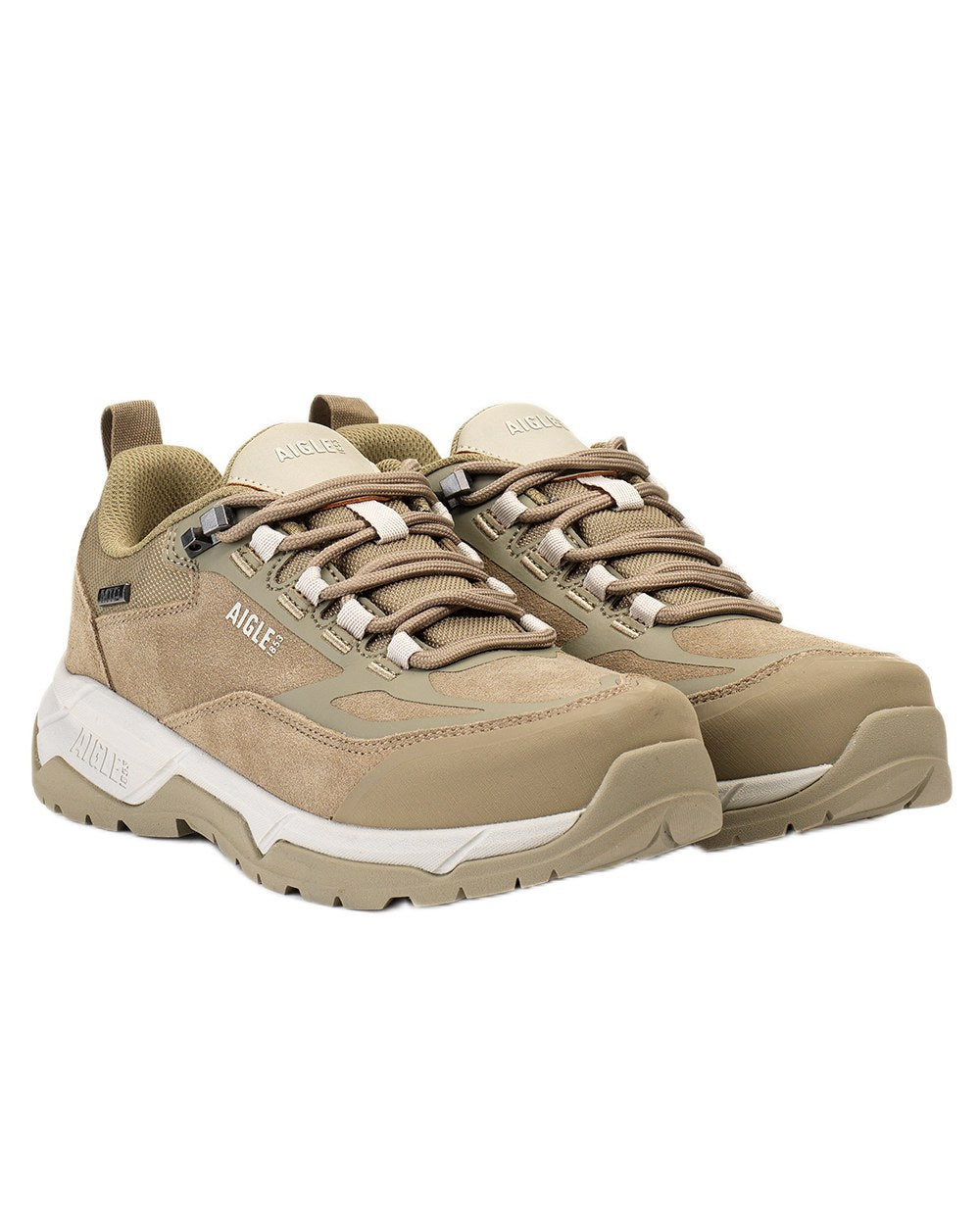Taupe coloured Aigle Mens Palka Low MTD Ultra Light Hiking Shoes on white background 