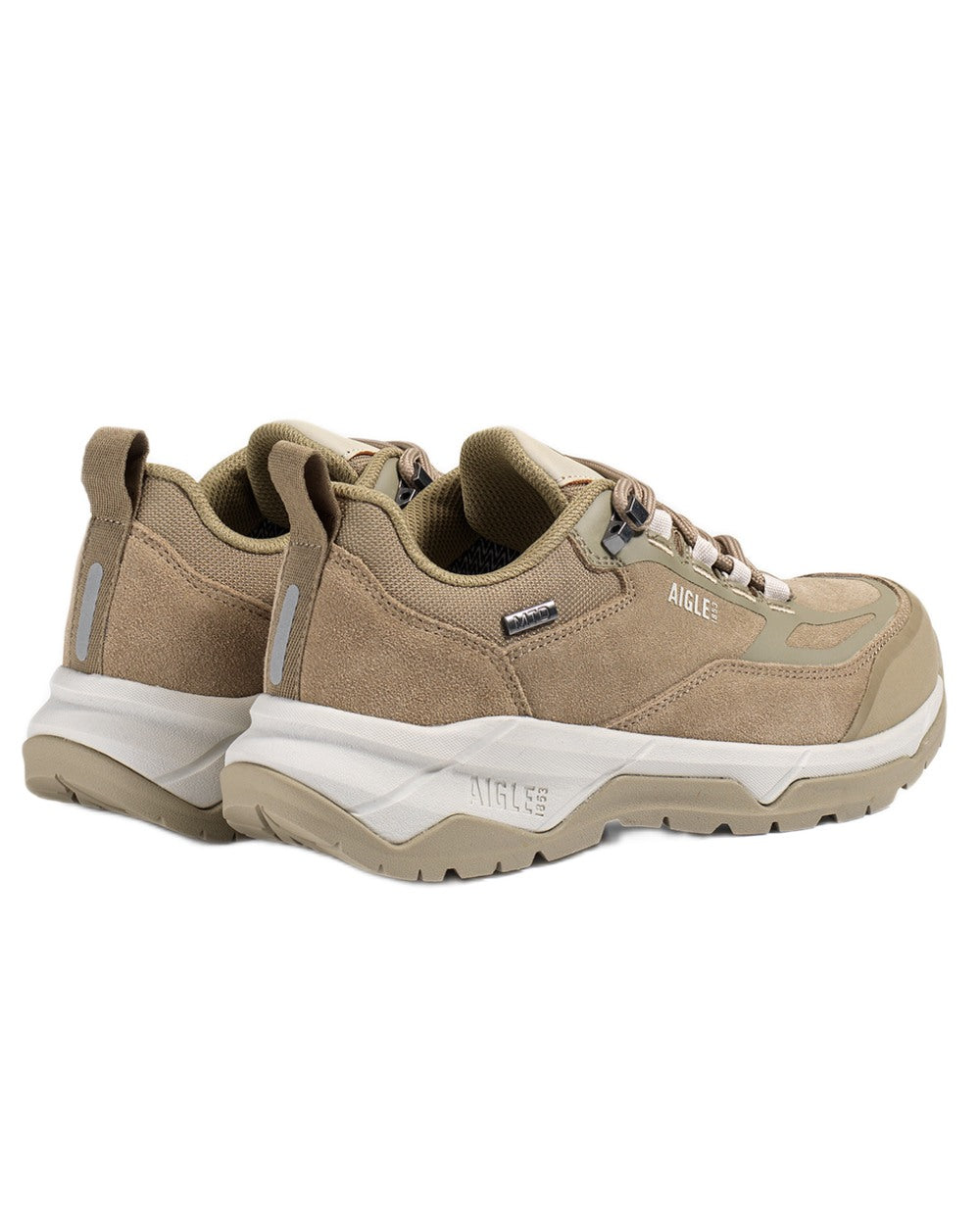 Taupe coloured Aigle Mens Palka Low MTD Ultra Light Hiking Shoes on white background 