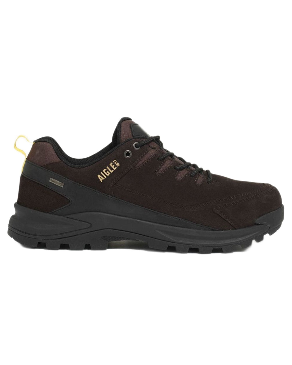 Expresso coloured Aigle Mens Plutno MTDL Hiking Shoes on white background 
