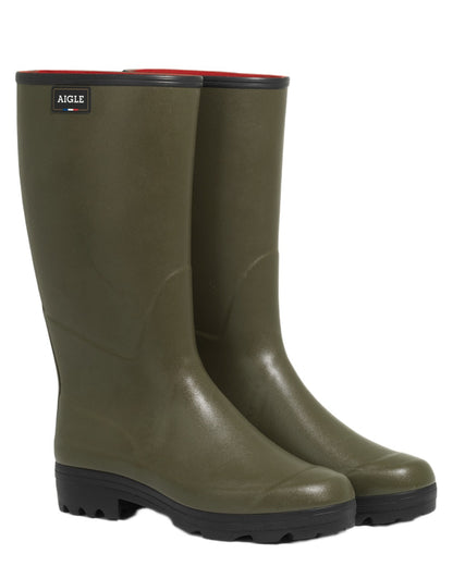 Khaki coloured Aigle Womens Chambord Neomesh Lined Wellingtons on white background 