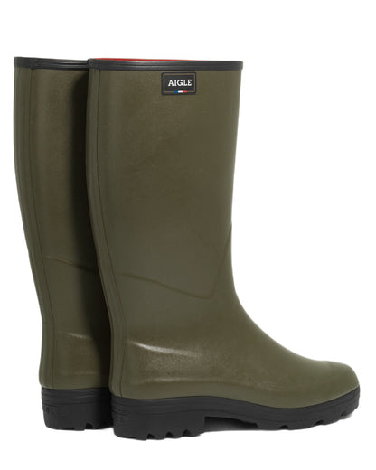 Khaki coloured Aigle Womens Chambord Neomesh Lined Wellingtons on white background 