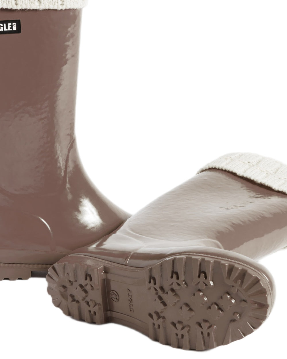 Chestnut coloured Aigle Womens Eliosa Fur Lined Wellingtons on white background 