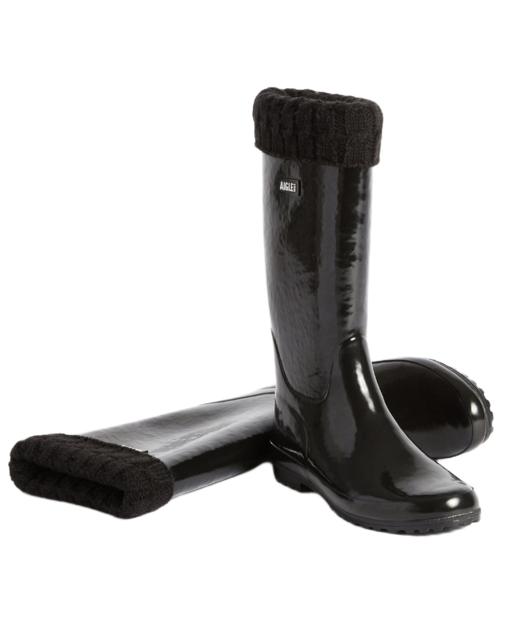 Noir coloured Aigle Womens Eliosa Fur Lined Wellingtons on white background 
