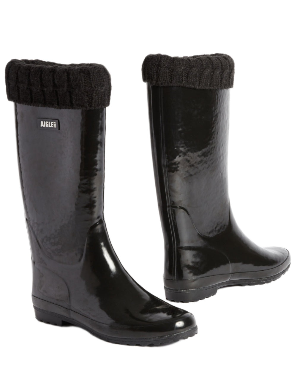 Noir coloured Aigle Womens Eliosa Fur Lined Wellingtons on white background 