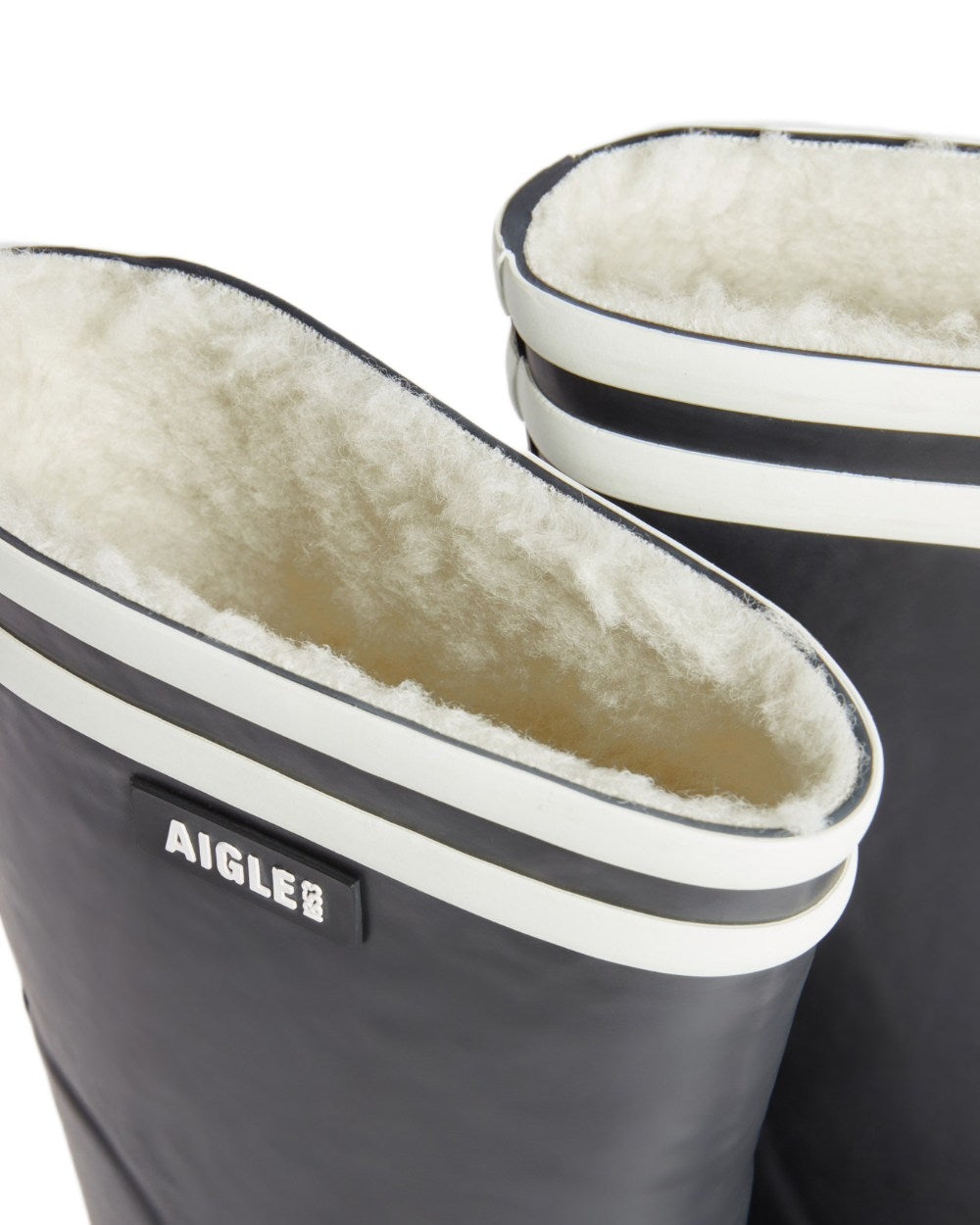 Marine coloured Aigle Womens Malouine Fur Lined Wellingtons on white background 