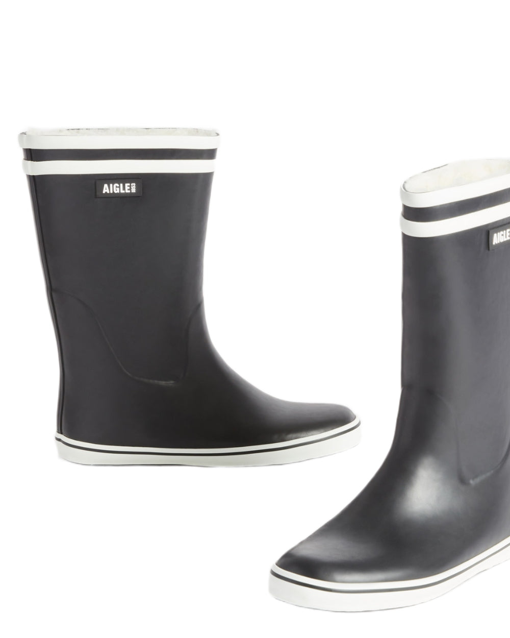Marine coloured Aigle Womens Malouine Fur Lined Wellingtons on white background 