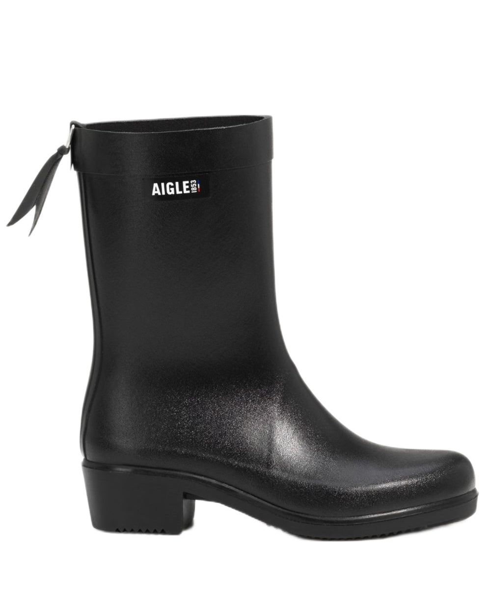 Noir coloured Aigle Womens Myrica Mid Ankle Boots on white background 
