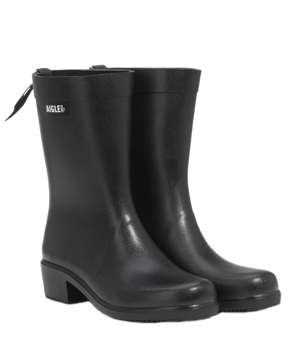 Noir coloured Aigle Womens Myrica Mid Ankle Boots on white background 