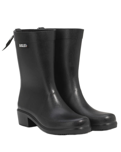 Noir coloured Aigle Womens Myrica Mid Ankle Boots on white background 