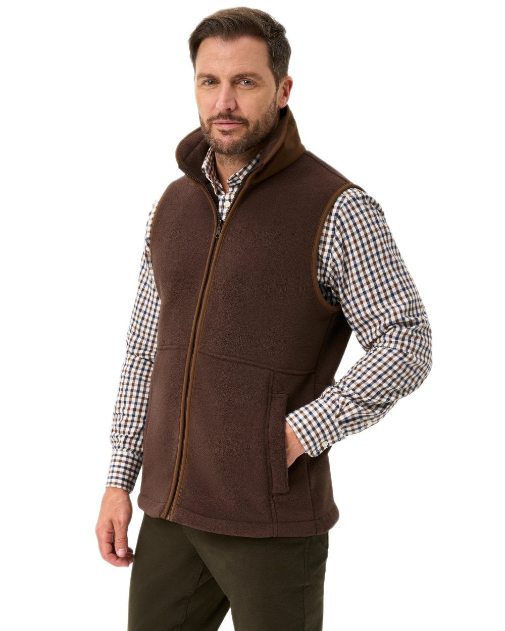 Bark coloured Alan Paine Aylsham Fleece Gilet on white background 