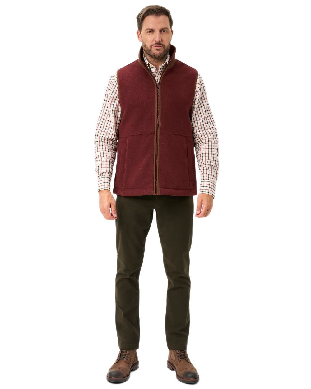 Bordeaux coloured Alan Paine Aylsham Fleece Gilet on white background 