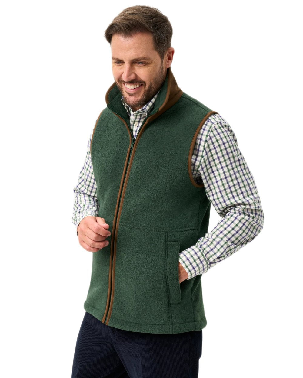 Evergreen coloured Alan Paine Aylsham Fleece Gilet on white background 
