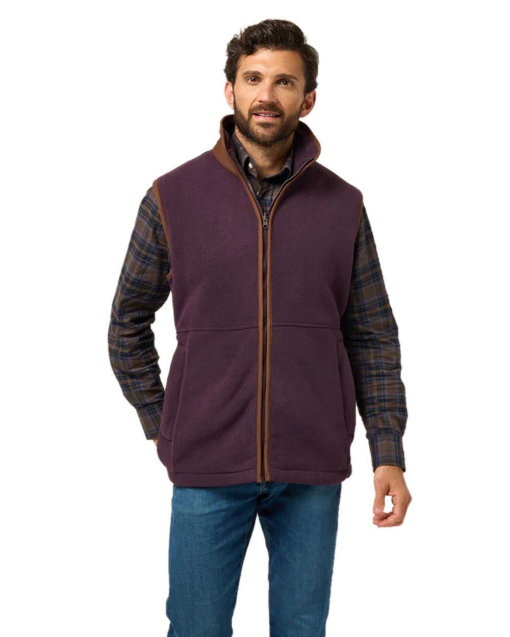 Plum coloured Alan Paine Aylsham Fleece Gilet on white background 