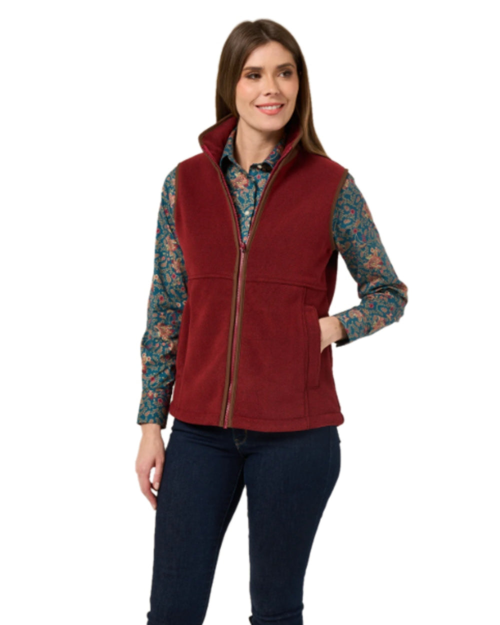 Bloodstone Coloured Alan Paine Aylsham Ladies Fleece Gilet on white background 