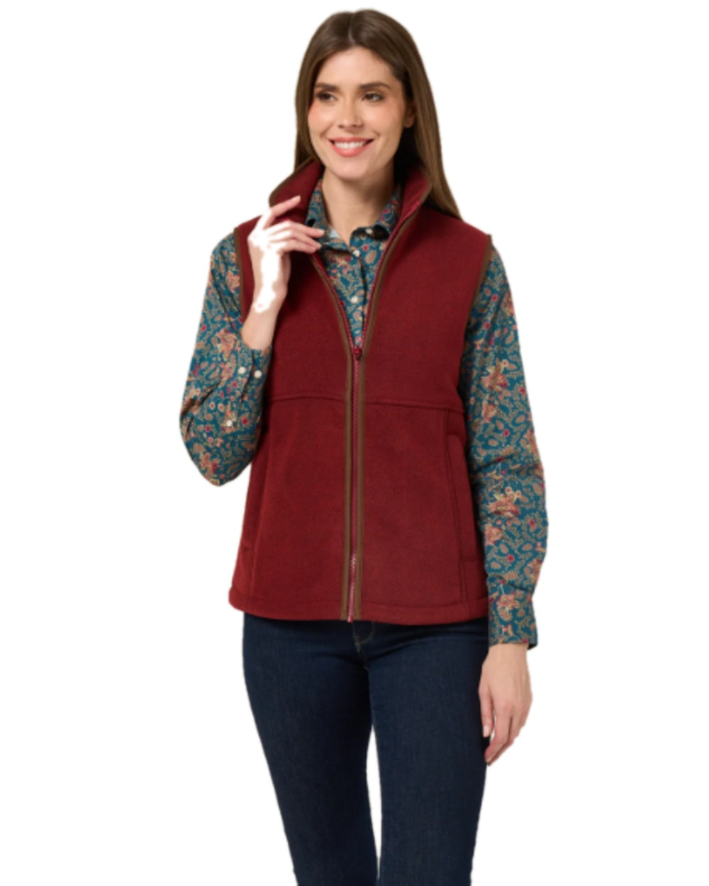 Bloodstone Coloured Alan Paine Aylsham Ladies Fleece Gilet on white background 