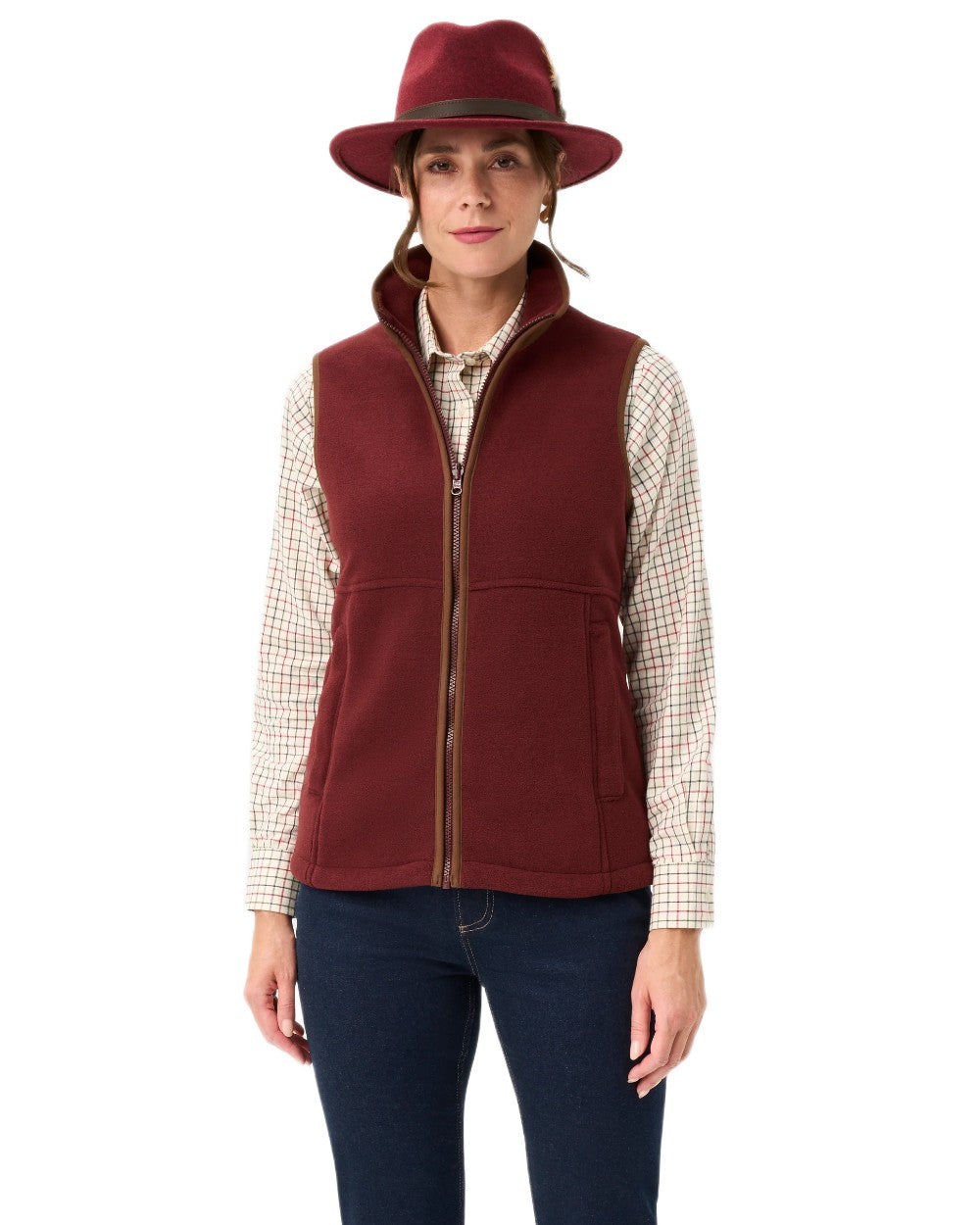 Bordeaux Coloured Alan Paine Aylsham Ladies Fleece Gilet on white background 