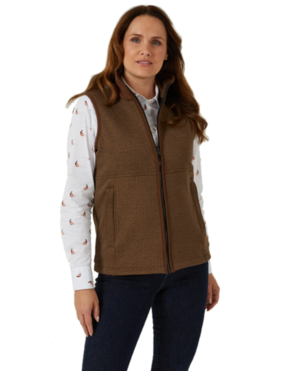 Brown Herringbone Coloured Alan Paine Aylsham Ladies Fleece Gilet on white background 