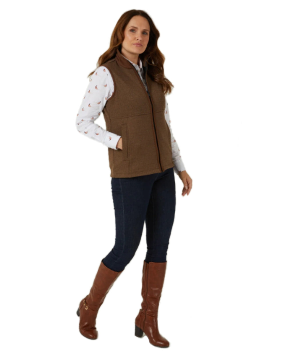 Brown Herringbone Coloured Alan Paine Aylsham Ladies Fleece Gilet on white background 