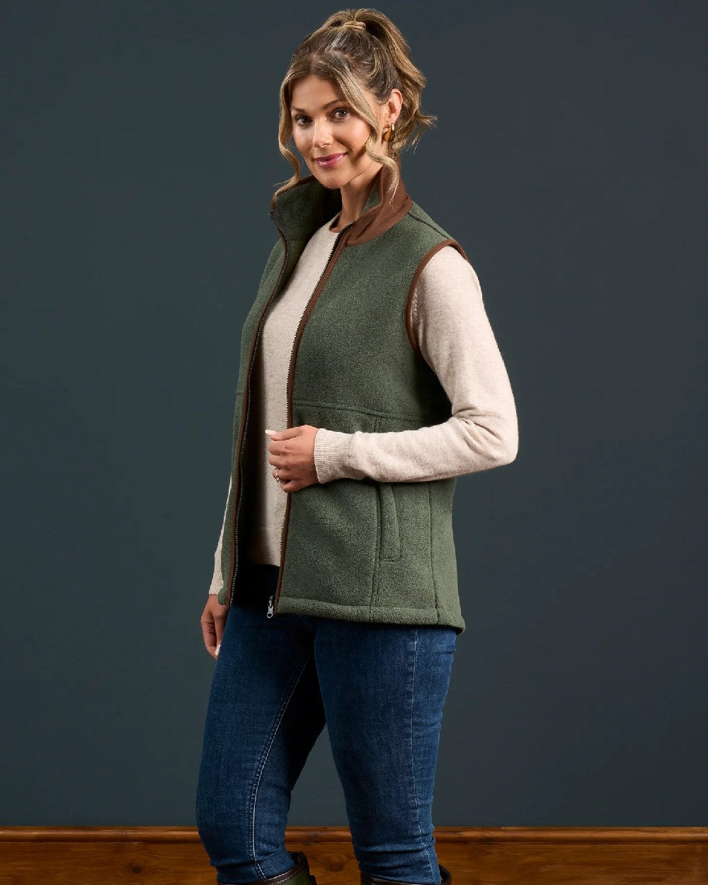 Cedar Coloured Alan Paine Aylsham Ladies Fleece Gilet on indoor background 