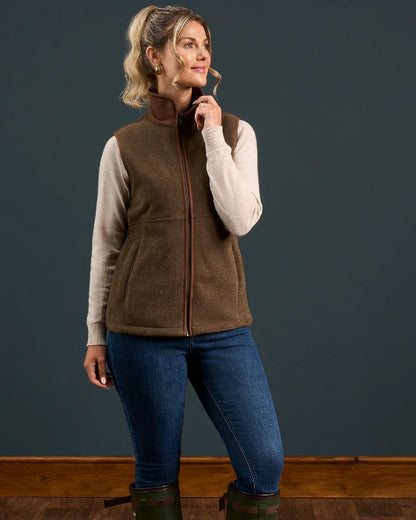 Pecan Coloured Alan Paine Aylsham Ladies Fleece Gilet on indoor background 