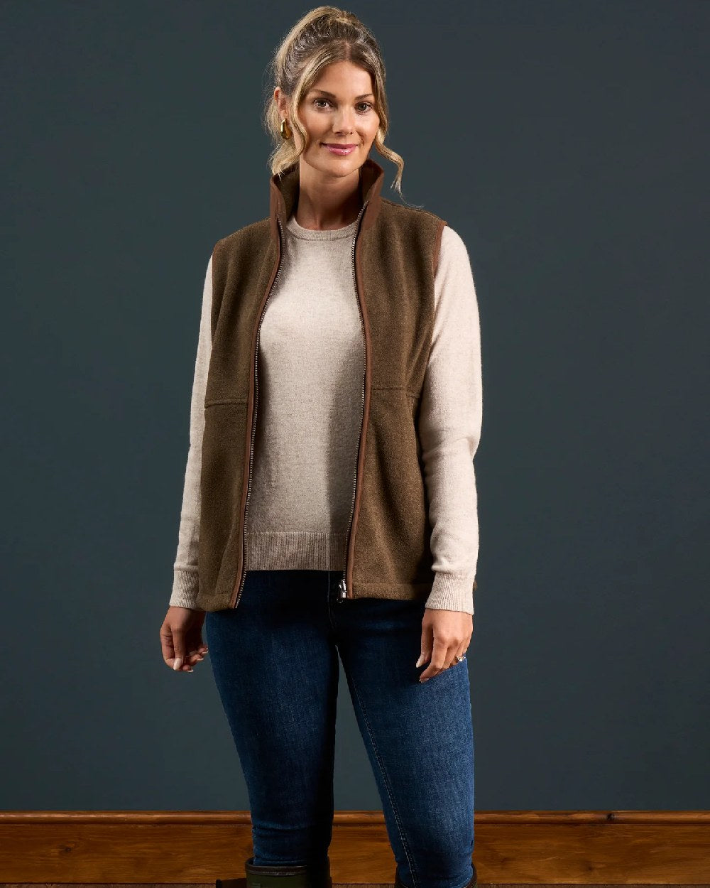 Pecan Coloured Alan Paine Aylsham Ladies Fleece Gilet on indoor background 