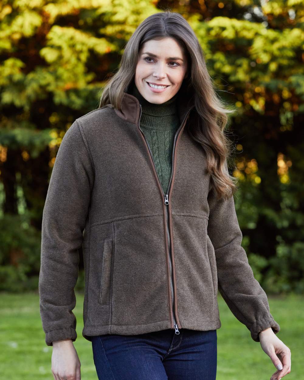 Pecan coloured Alan Paine Aylsham Ladies Fleece Jacket on tree background 