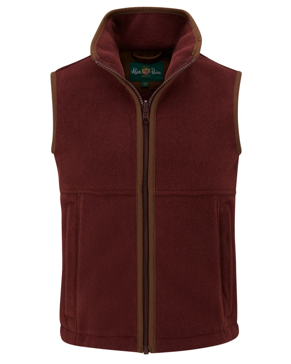 Bordeaux coloured Alan Paine Childrens Aylsham Fleece Gilet on white background 