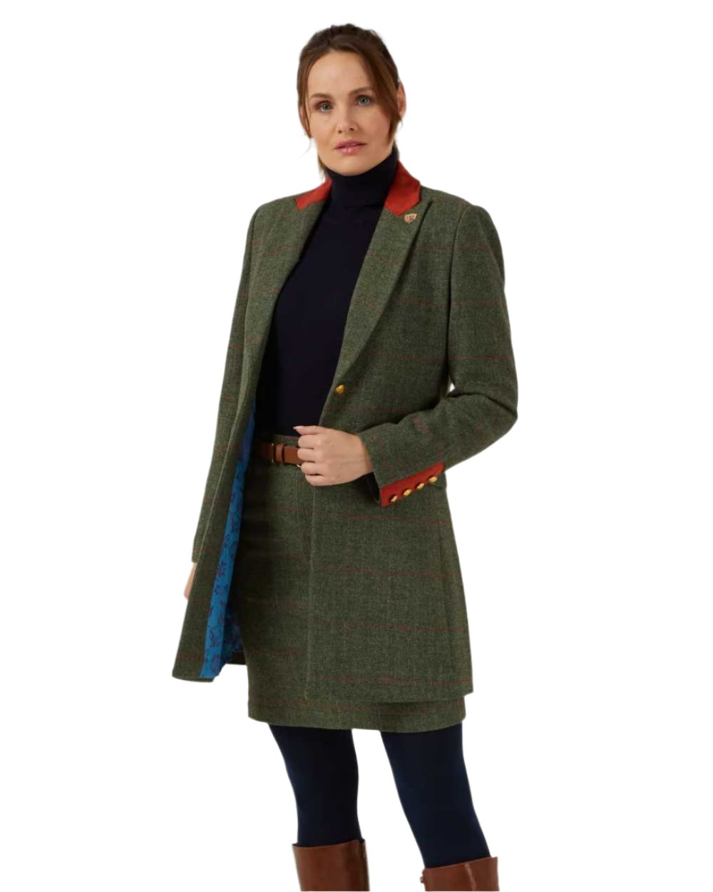 Heath coloured Alan Paine Combrook Ladies Mid Thigh Coat on white background 