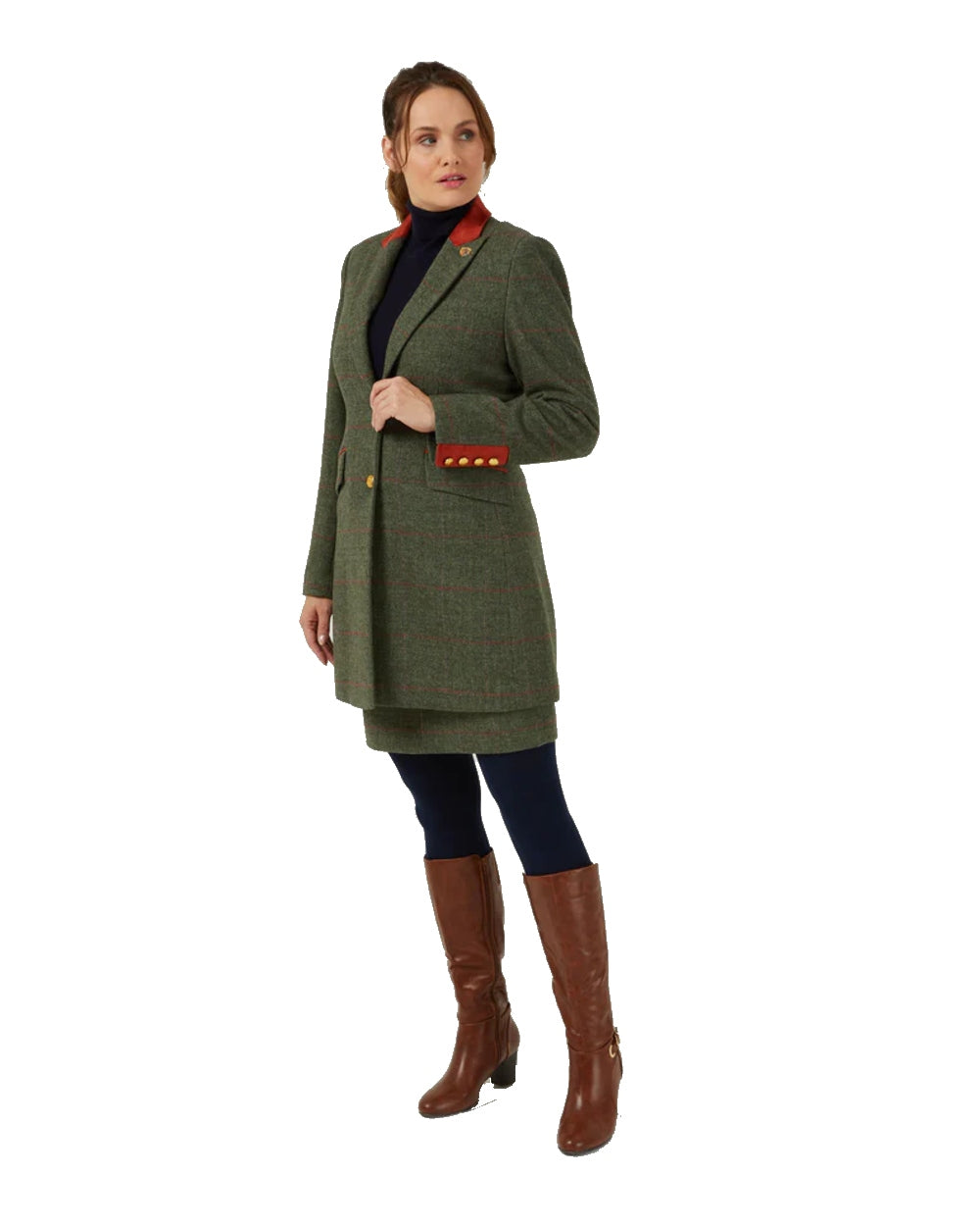 Heath coloured Alan Paine Combrook Ladies Mid Thigh Coat on white background 