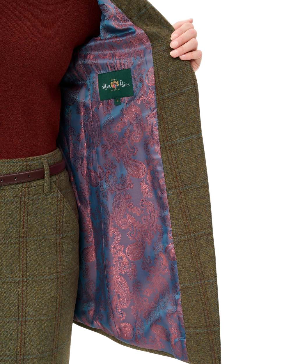Laurel coloured Alan Paine Combrook Ladies Mid Thigh Coat on white background 