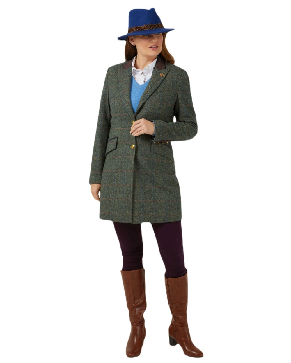 Spruce coloured Alan Paine Combrook Ladies Mid Thigh Coat on white background 