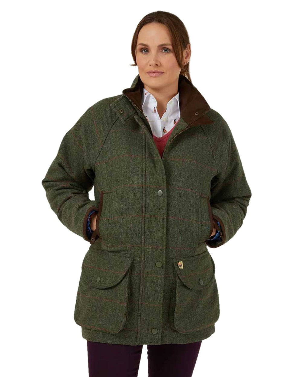 Heath coloured Alan Paine Combrook Ladies Tweed Coat on white background 