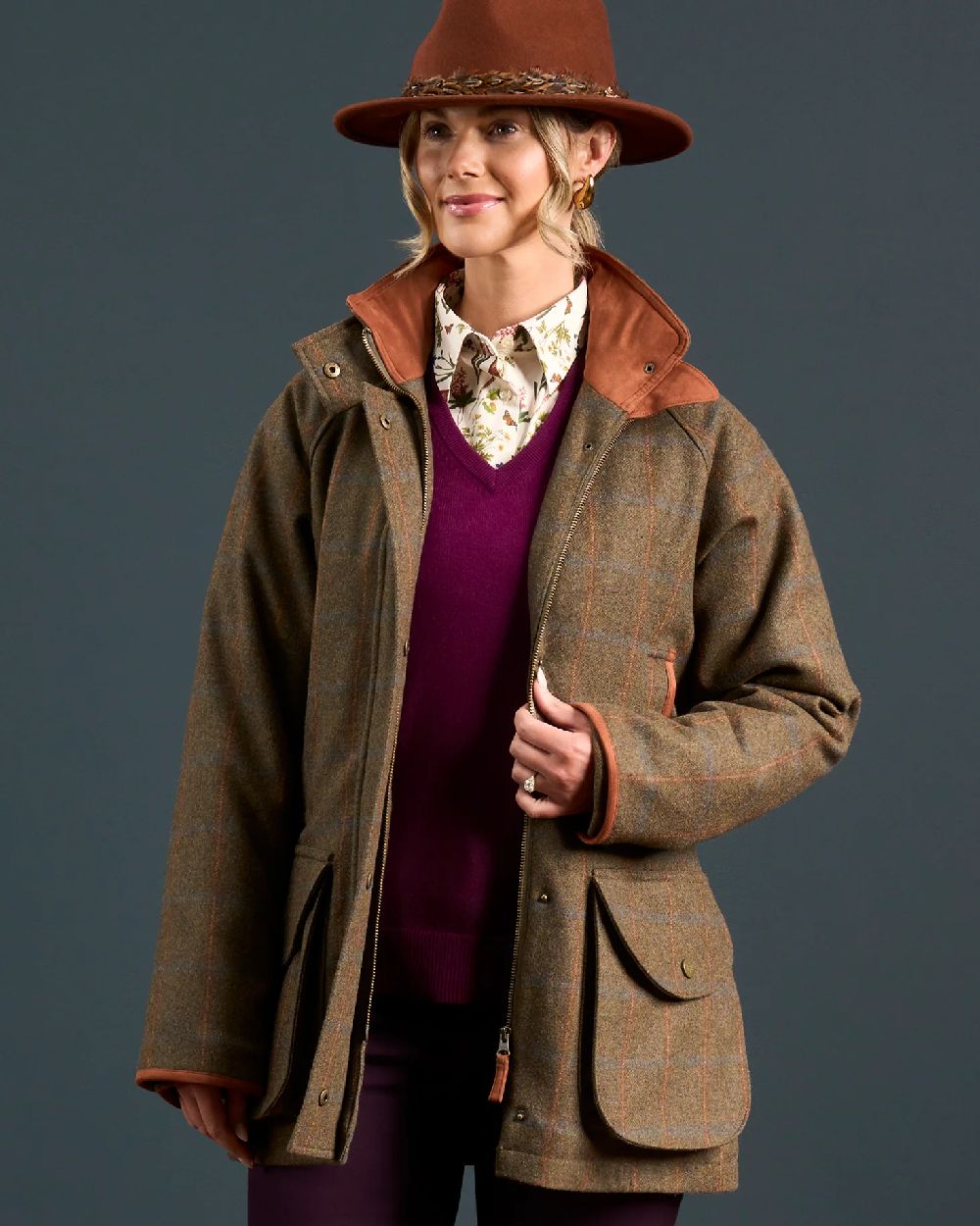 Willow coloured Alan Paine Combrook Ladies Tweed Coat on indoor background 