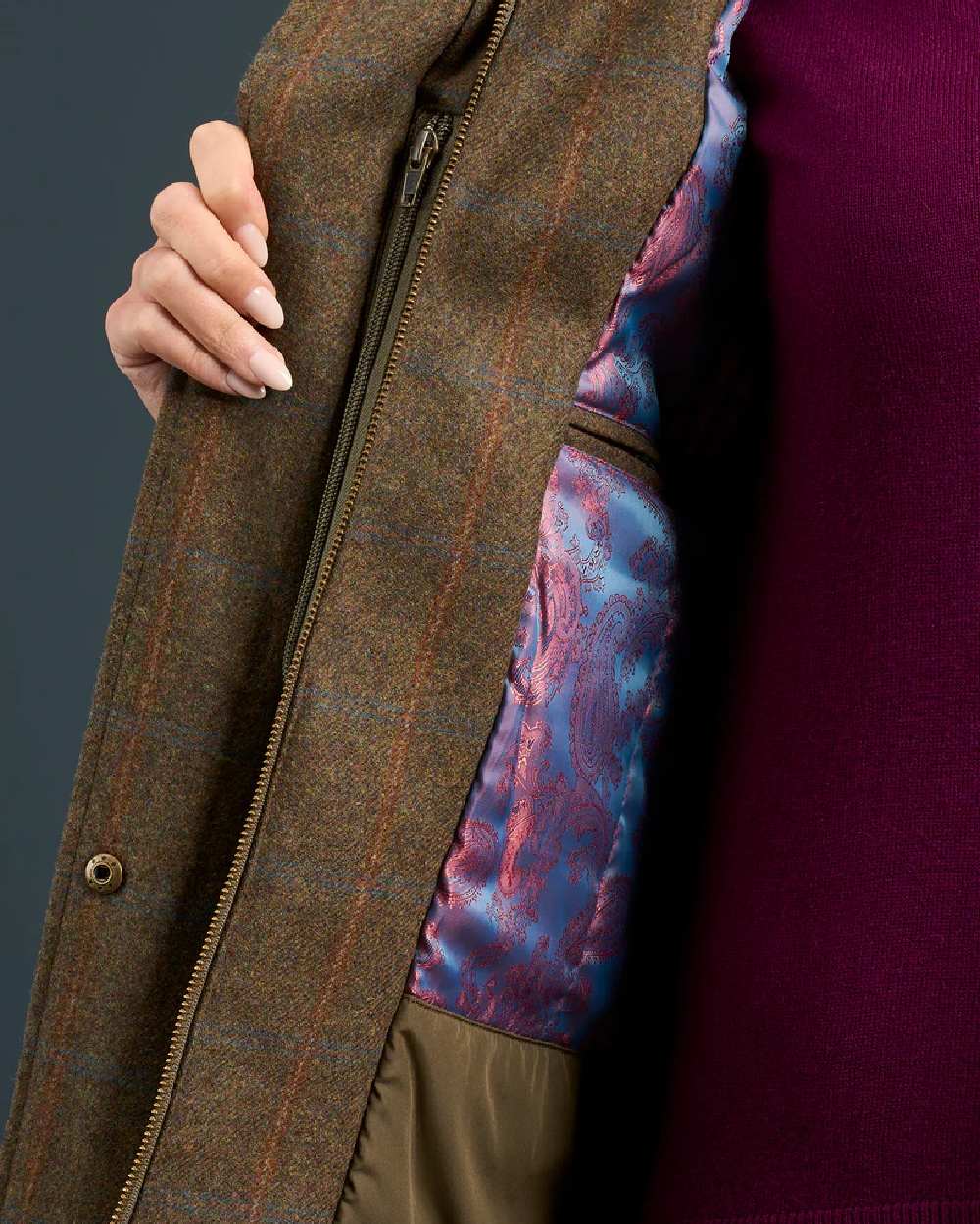 Willow coloured Alan Paine Combrook Ladies Tweed Coat on indoor background 