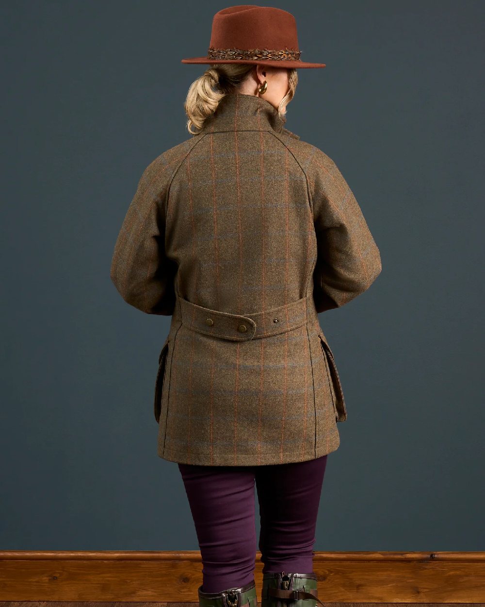 Willow coloured Alan Paine Combrook Ladies Tweed Coat on indoor background 