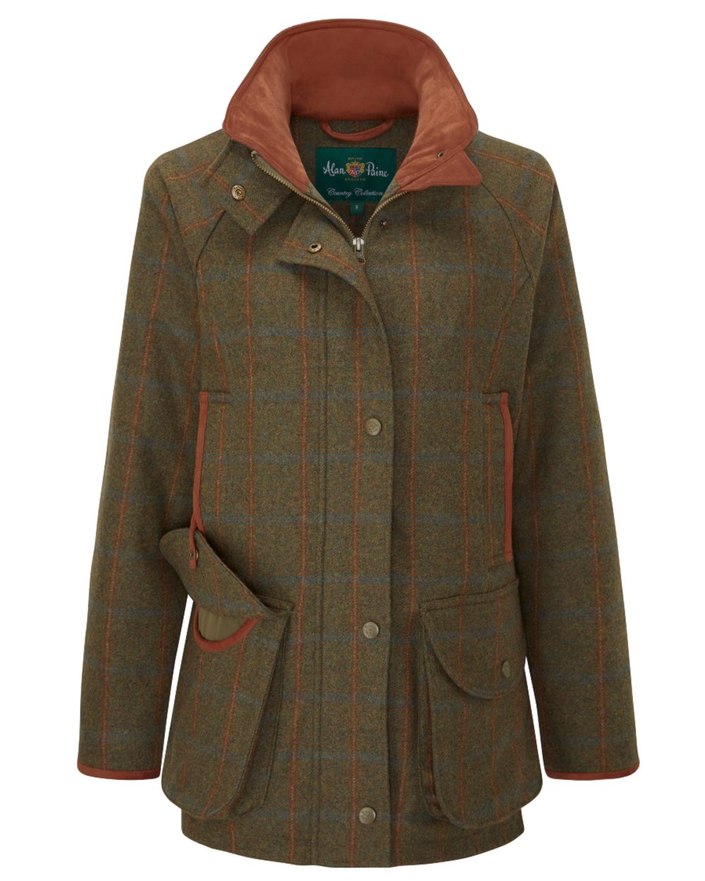 Willow coloured Alan Paine Combrook Ladies Tweed Coat on white background 