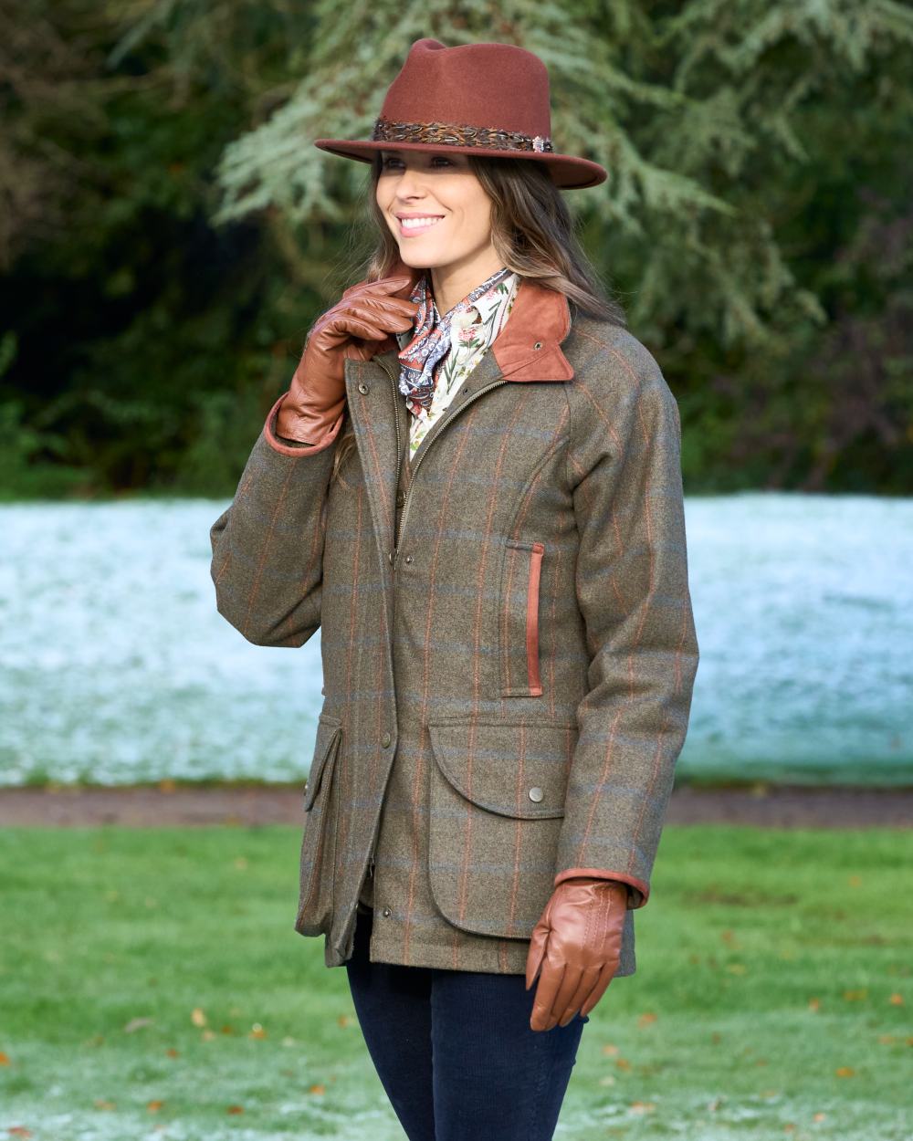 Willow coloured Alan Paine Combrook Ladies Tweed Coat on forest background 