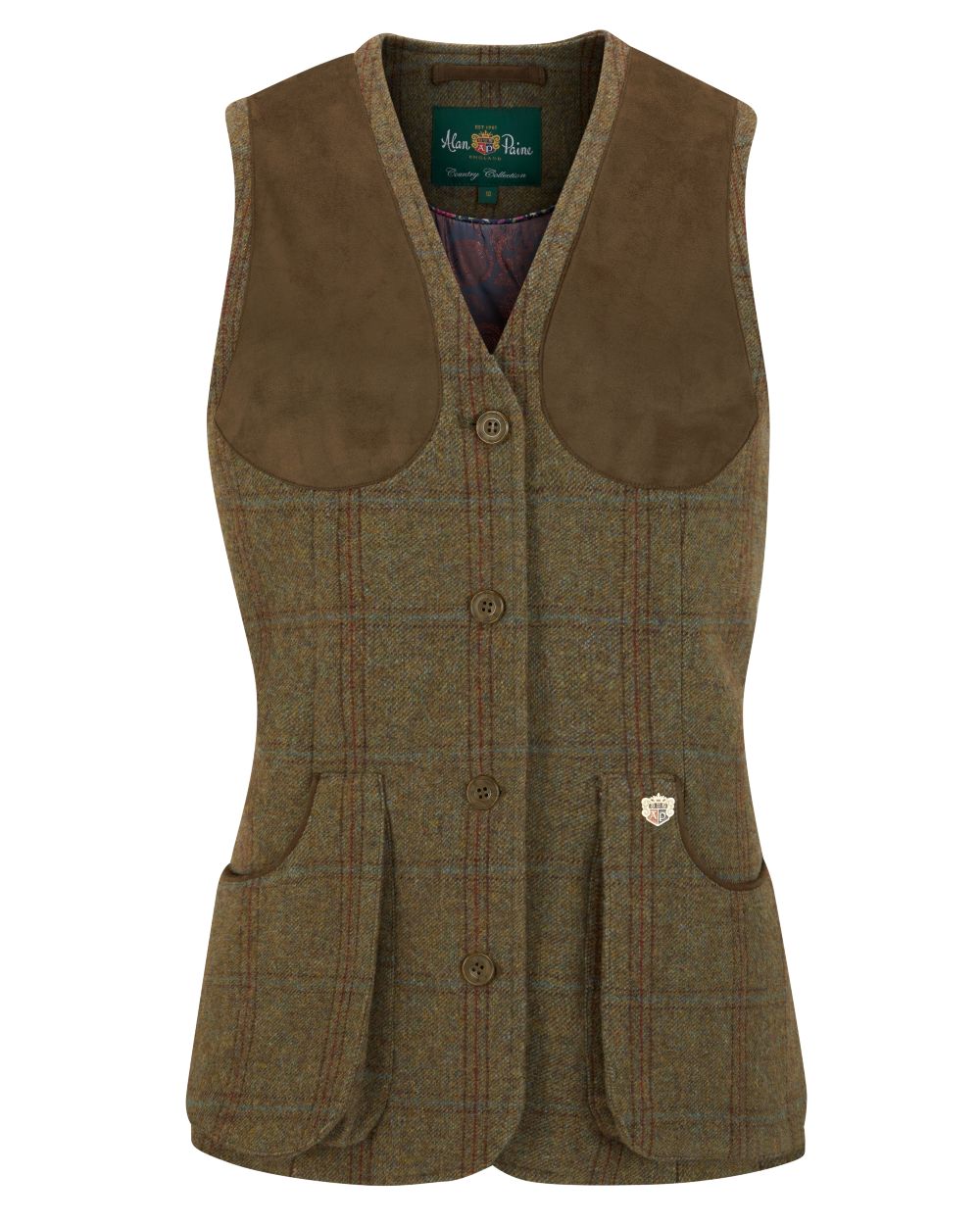 Laurel coloured Alan Paine Combrook Ladies Tweed Shooting Waistcoat on white background 