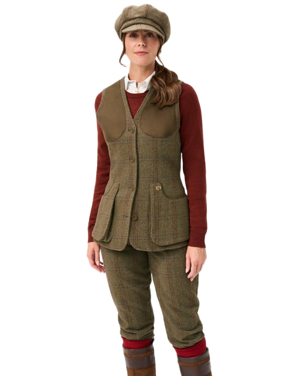 Laurel coloured Alan Paine Combrook Ladies Tweed Shooting Waistcoat on white background 